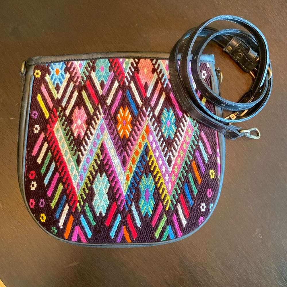 Bonhomia Handmade Black Leather / Vintage Huipil Crossbody / Saddle Bag